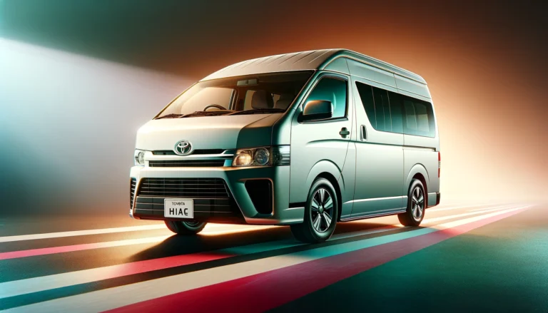 A sleek, used Toyota Hiace van in dynamic posture, symbolizing reliability and spaciousness, with a background subtly hinting at its Japanese origin through minimalist design elements, emphasizing the benefits of importing such vehicles from Japan.