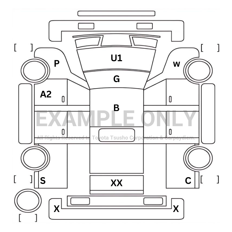 Exterior technical flat of a car shown on the auto auction sheet. 