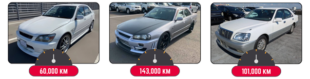 Convert kmh to mph: What is the mph on these used Altezza, Skyline 25GT, and Toyota Crown