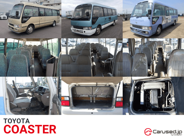 Three different models of the Toyota Coaster, used commercial buses from Japan